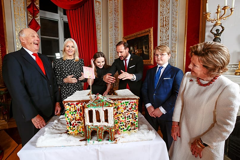 From left, King Harald, Crown Princess Mette-Marit, Princess Ingrid Alexandra, Crown Prince Haakon, Prince Sverre Magnus and Queen Sonja in Oslo in 2019.