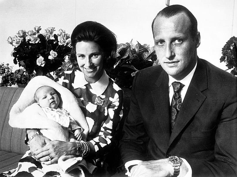 Crown Prince Harald and Crown Princess Sonja present their newborn son, Prince Haakon Magnus, at Oslo's National Hospital on 26 July 1973.