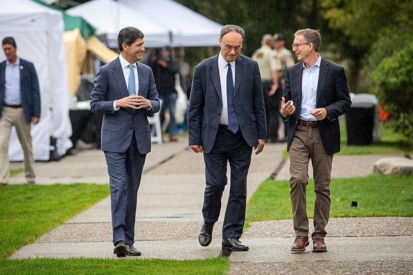 FILE - Fed Chair Kevin Warsh, Bank of England Governor Andrew Bailey and Bank of Canada Governor Tiff Macklem at on Friday, Aug. 28, 2026, in Moran, Wyo.