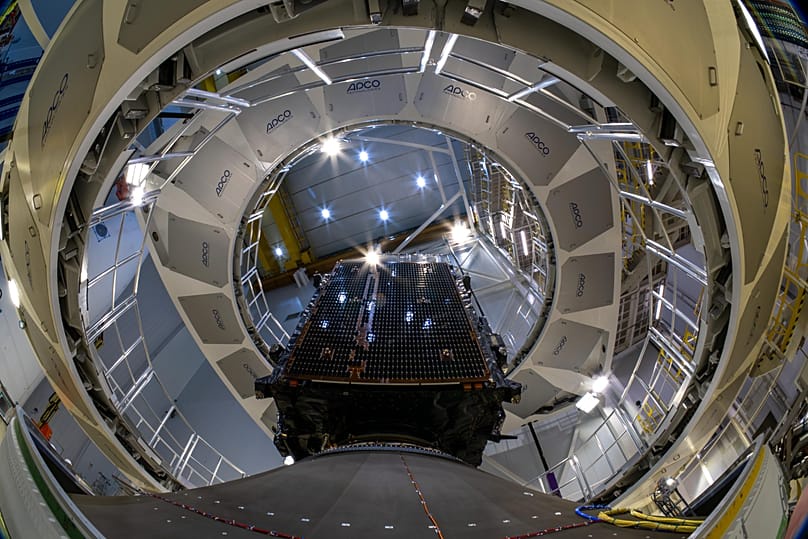 The MTG-I2 satellite, encapsulated in its fairing at the Ariane Encapsulation Facility at Europe
