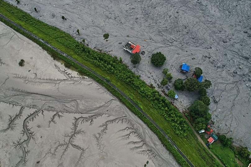 A drone view shows a major section of Pasang Lhamu highway washed away along swollen Trishuli river. 31 August, 2026