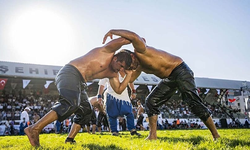 Two fighters engage in hand to hand combat in one of the many wrestling competitions at the World Nomad Games. 