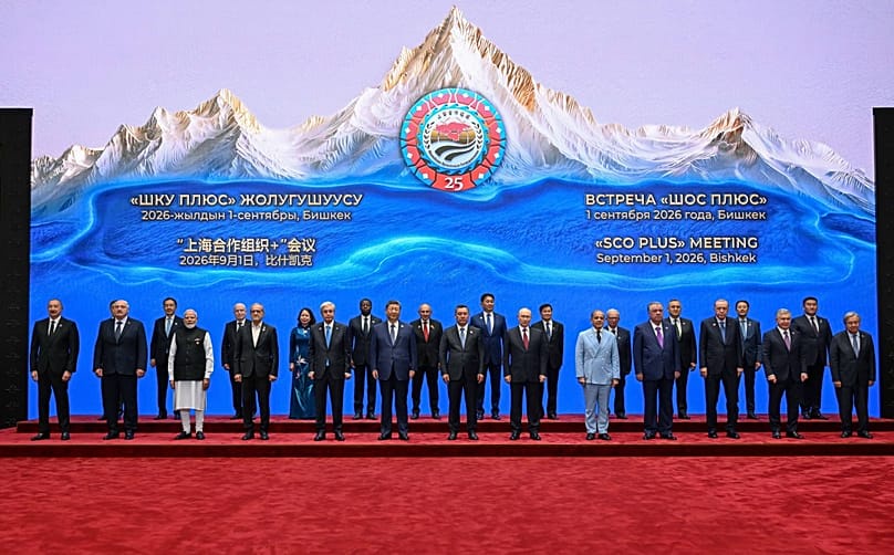 Leaders and delegates pose for a group photo at the SCO Plus meeting in Bishkek, Kyrgyzstan, on 1 September 2026.