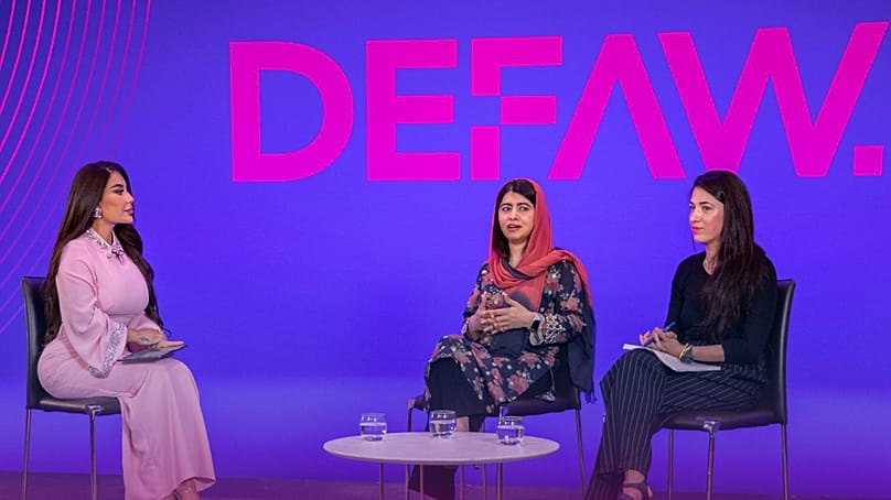 Aryana Sayeed moderating a talk with Pakistani education activist Malala Yousafzai & Sahar Halaimzai, director of Malala Fund's Afghanistan Initiative, 15 August 2025, London