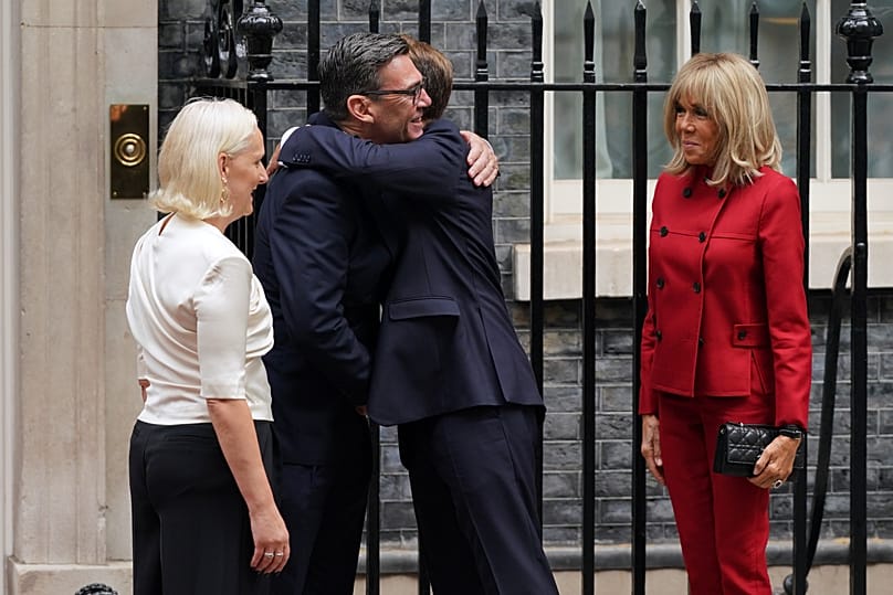 UK Prime Minister Andy Burnham and wife Marie-France van Heel welcome French President Emmanuel Macron and wife Brigitte to Downing Street, 3 September 2026.