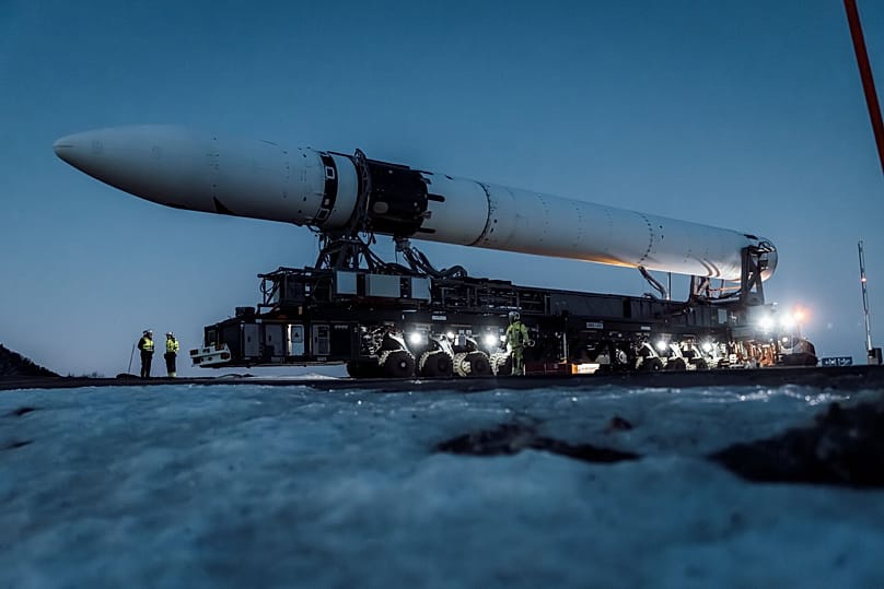 Isar Aerospace’s Spectrum rocket being moved to the launch pad, 23 March 2026