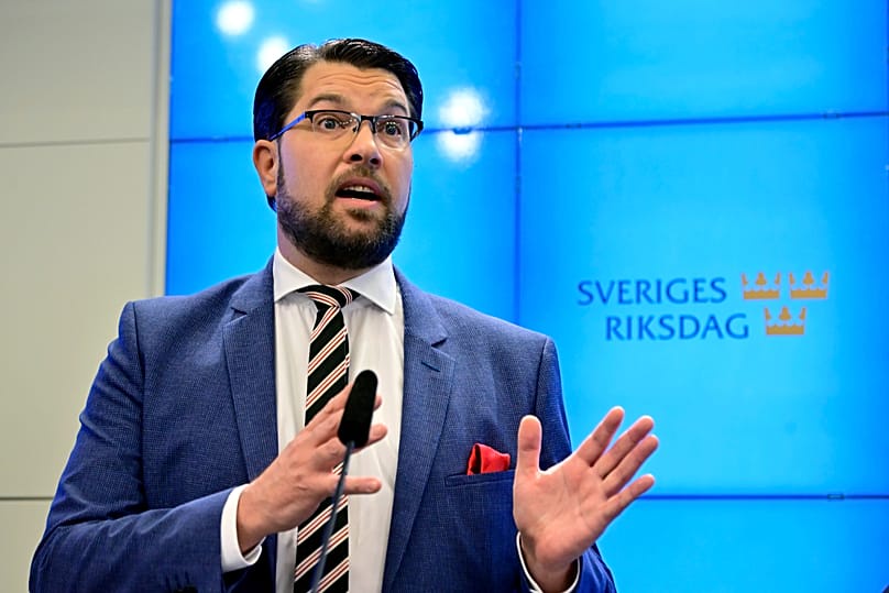 Jimmie Akesson, leader of the Sweden Democrats Party, speaks during a press conference in Stockholm, 14 October, 2022