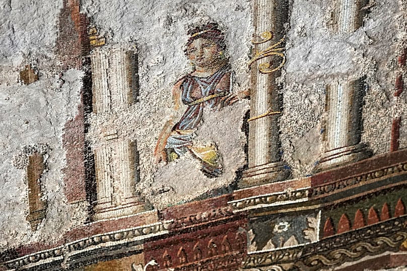 A section of the restored 15-metre ancient wall mosaic from 