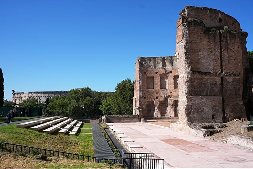 The Baths of Trajan in front of the Colosseum sits above the underground foundations where the restored 