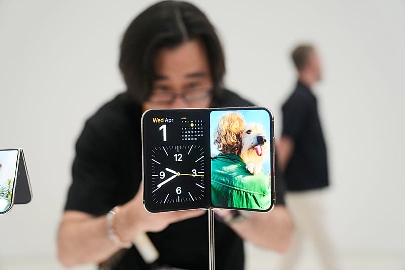 The iPhone Duo is displayed on Wednesday, Sept. 9, 2026, on the Apple campus in Cupertino, Calif. (AP Photo/Jeff Chiu)