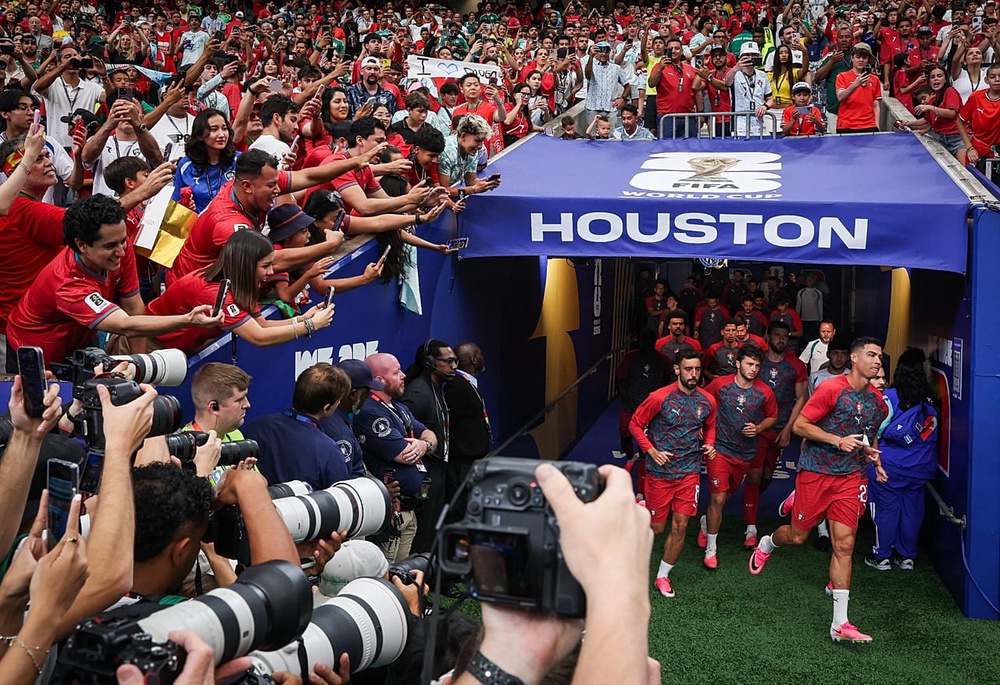 Cristiano Ronaldo leading his team out at the 2026 World Cup. 