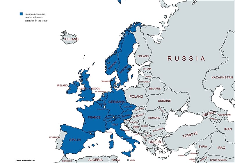 Reference countries in Europe that were included in the modelling study.