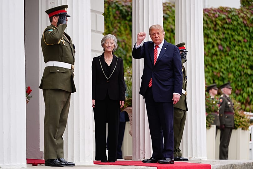 Ireland's President Catherine Connolly greets US President Donald Trump during a meeting at Áras an Uachtaráin in Dublin, Saturday, Sept. 12, 2026