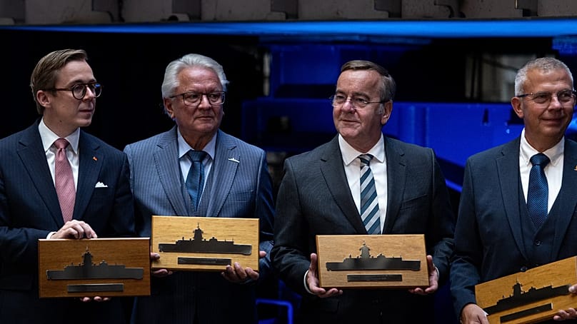 Papperger and Pistorius at the keel-laying of the third Class 424 vessel in Wolgast