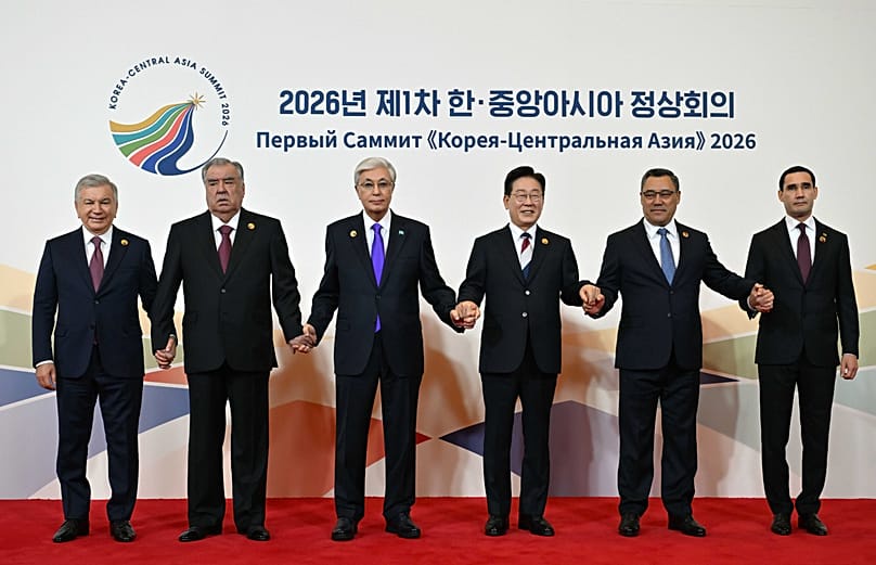 The leaders of South Korea and the five Central Asian states pose for a group photo at the first Korea–Central Asia Summit in Seoul, 16 September 2026.