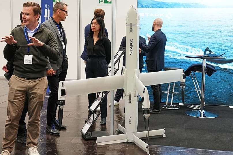 European defence-tech startup STARK showcases its OWE-V combat drone at the new Euro Defence Expo for military security.