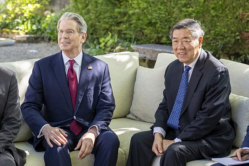 US Treasury Secretary Scott Bessent talks with Chinese Vice Premier He Lifeng during a bilateral US-China meeting in Geneva, Switzerland, 10 May 2025