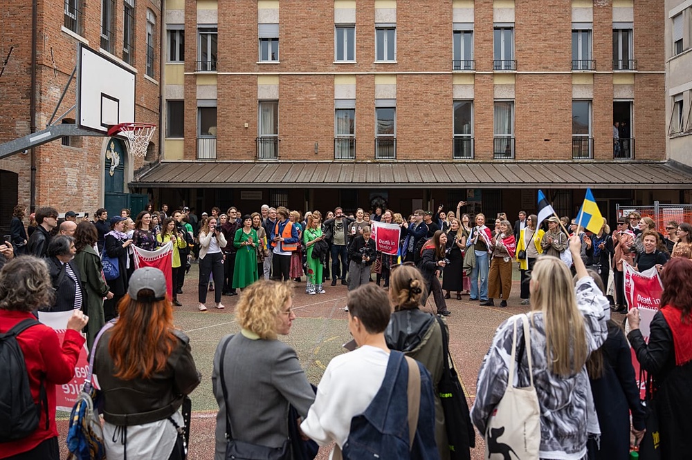 Protest against Russian pavilion at Venice Biennale ending in front of the Estonian pavilion. May 2026