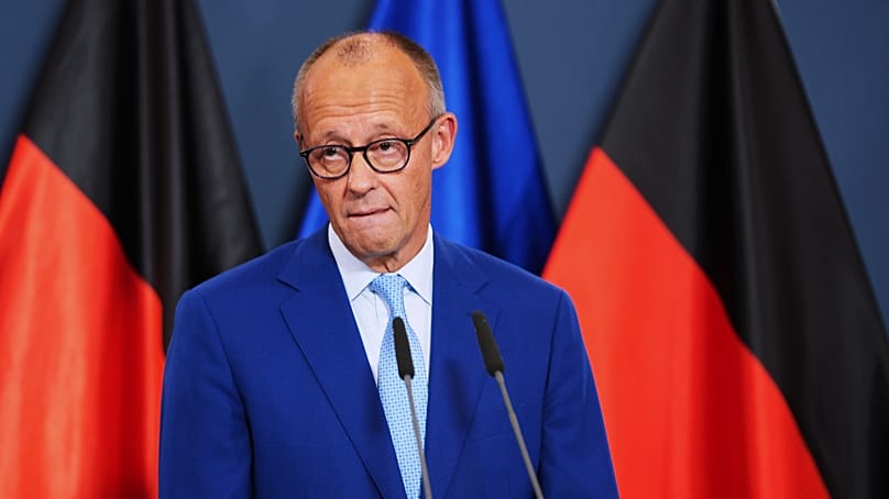 German Chancellor Friedrich Merz speaks to media at the Christian Democratic Union party headquarters in Berlin, Germany, Sunday, Sept. 20, 2026.