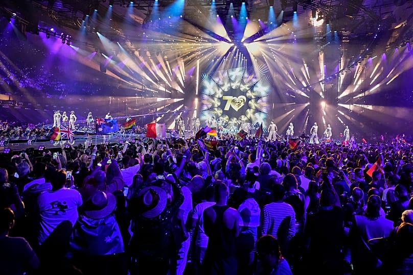 Performers on stage as voting results are collected during the Grand Final of the 70th Eurovision Song Contest in Vienna, 16 May, 2026