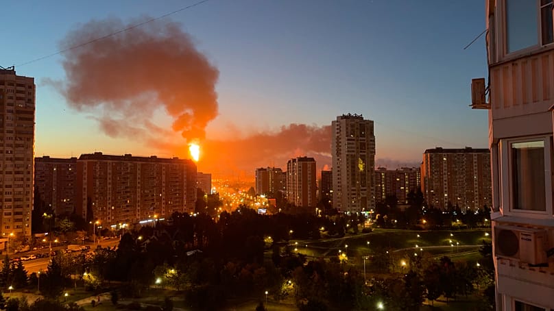 Flame and smoke is seen rising from Moscow's oil refinery in the south east of the city following a largescale Ukrainian drone attack, Sunday, Sept. 20, 2026