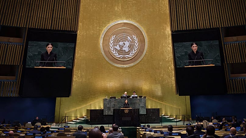 Head of Uzbekistan's Presidential Administration, Saida Mirziyoyeva, delivers her speech during UN General Assembly in New York