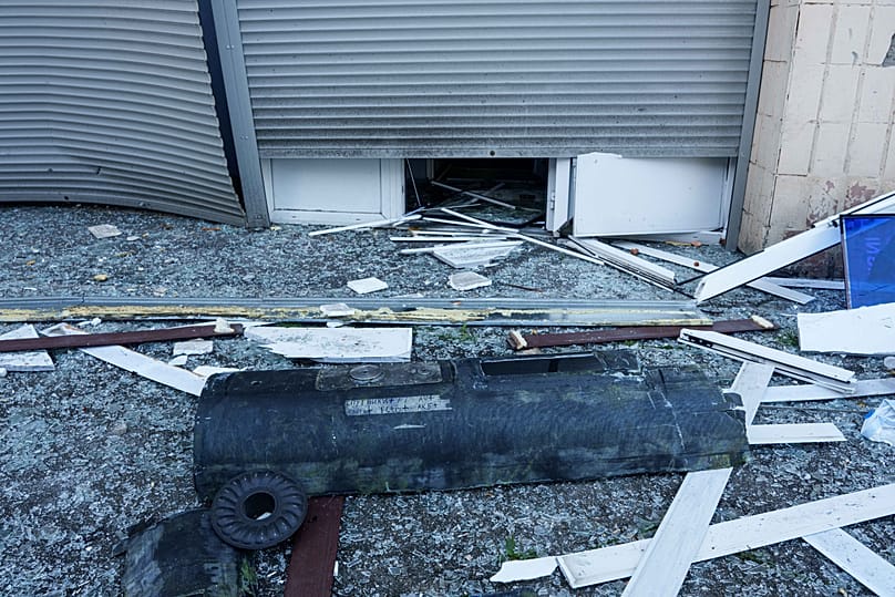 Fragments of a Shahed drone are seen on the ground after a Russian drone strike in Kyiv, 25 September, 2026