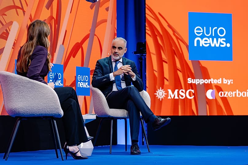 Eduardo Santander, the CEO of the European Travel Commission, spoke to moderator Mared Gwyn-Jones at the event