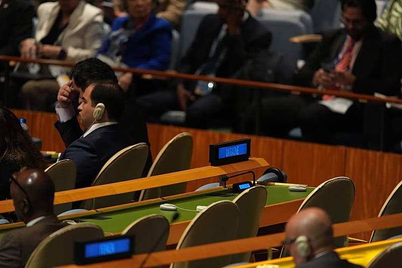 Empty seats for Ukraine's delegation are seen as Russian Foreign Minister Sergey Lavrov speaks during the 81st session of the United Nations General Assembly.