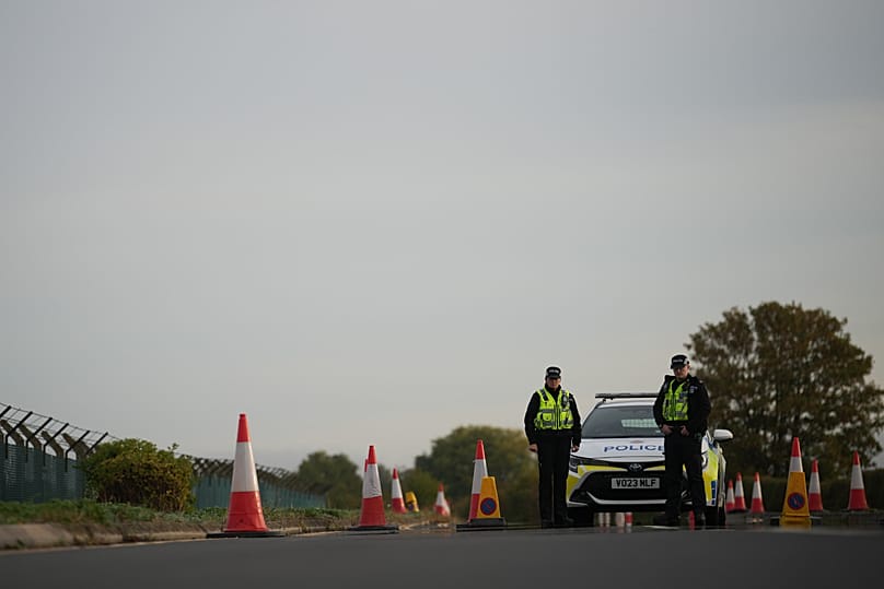 Police officers guard a road leading to RAF Fairford, 28 September, 2026