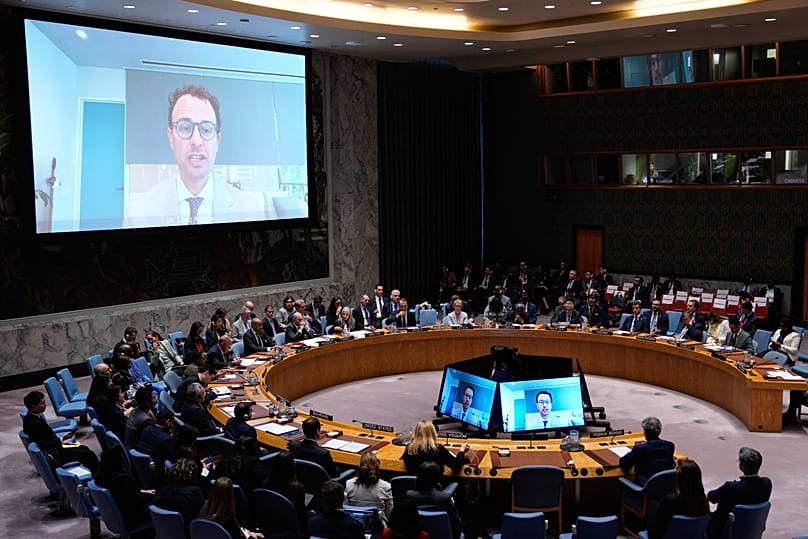FILE. CEO of Anthropic Dario Amodei speaks remotely during a UN Security Council meeting on AI, 23 Sept. 2026