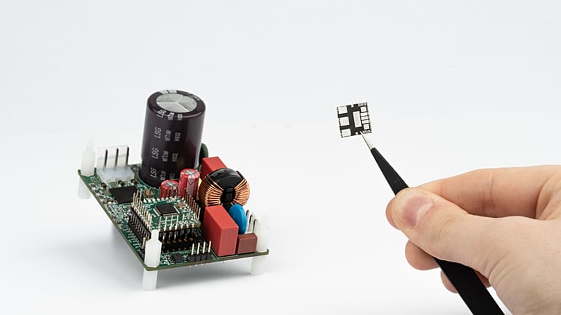 FILE. Texas Instruments Gallium Nitride (GaN) intelligent power module chip and a reference design, 2026