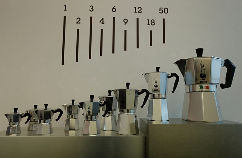 Typical coffee makers used in Italy, on display at a 2013 exhibition in Milan by historic manufacturer Bialetti