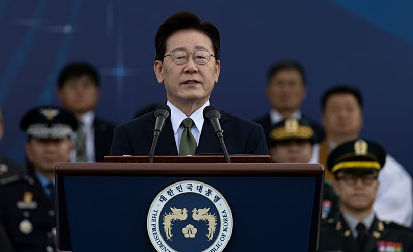 South Korean President Lee Jae-myung delivers a speech during the Armed Forces Day at a military base in Gyeyong, 1 October, 2026