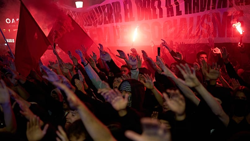 Protesters march in Barcelona, Spain, on Monday 5 October 2026, to denounce the housing situation in Spain.