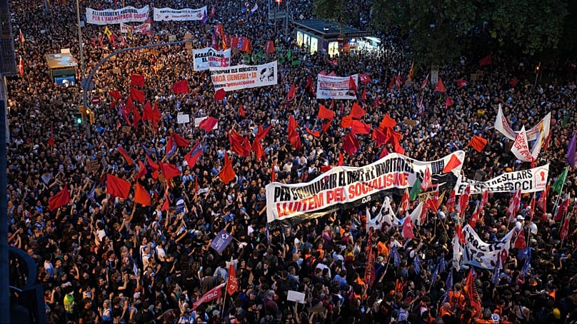 Tens of thousands of people march in Barcelona, Spain, on Monday 5 October 2026, to protest about the housing situation in the country. 