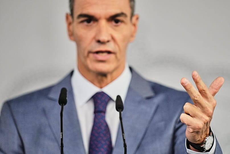 Spain's Prime Minister Pedro Sanchez speaks during a press conference at the Moncloa Palace in Madrid, Tuesday, Oct. 6, 2026