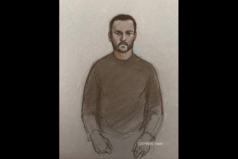 Court artist sketch by Elizabeth Cook of Royal Navy sailor Teddy Young appearing at Westminster Magistrates' Court in London, Thursday 8 Oct., 2026. 