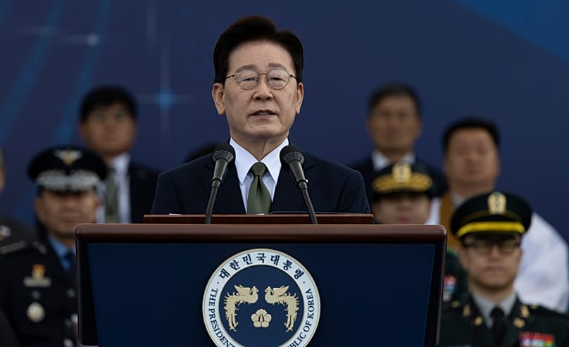South Korean President Lee Jae Myung delivers a speech during the Armed Forces Day at a military base in Gyeyong, South Korea, Thursday, Oct. 1, 2026