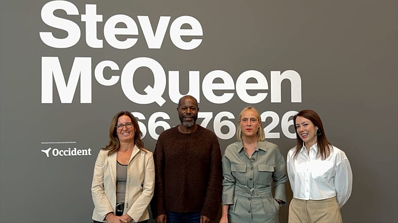 Steve McQueen with curator Lekha Hileman; Miren Arzalluz, director of Guggenheim Bilbao Museum; and a representative of sponsor, Occident, 8.10.2026, Bilbao
