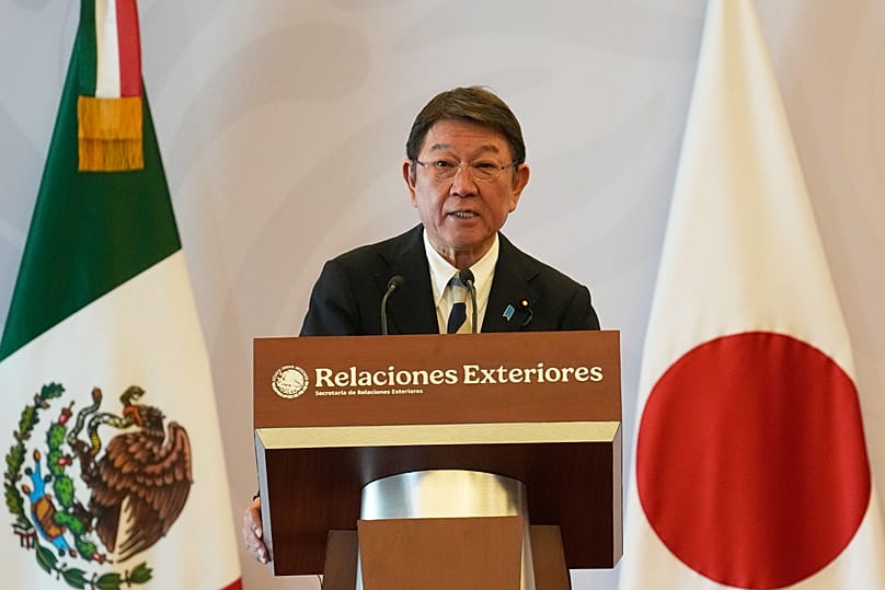 Japan's Foreign Minister Toshimitsu Motegi speaks to the press at the Foreign Ministry in Mexico City, 3 August, 2026