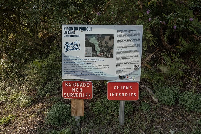 Warning signs at Penfoul beach read: Swim only in the recommended swimming area, which is subject to water quality control by the ARS (Regional Health Agency).