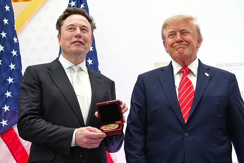 FILE. US President Donald Trump presents the National Medal of Science to Elon Musk during an event at the US Institute of Peace in Washington, 8 Oct. 2026