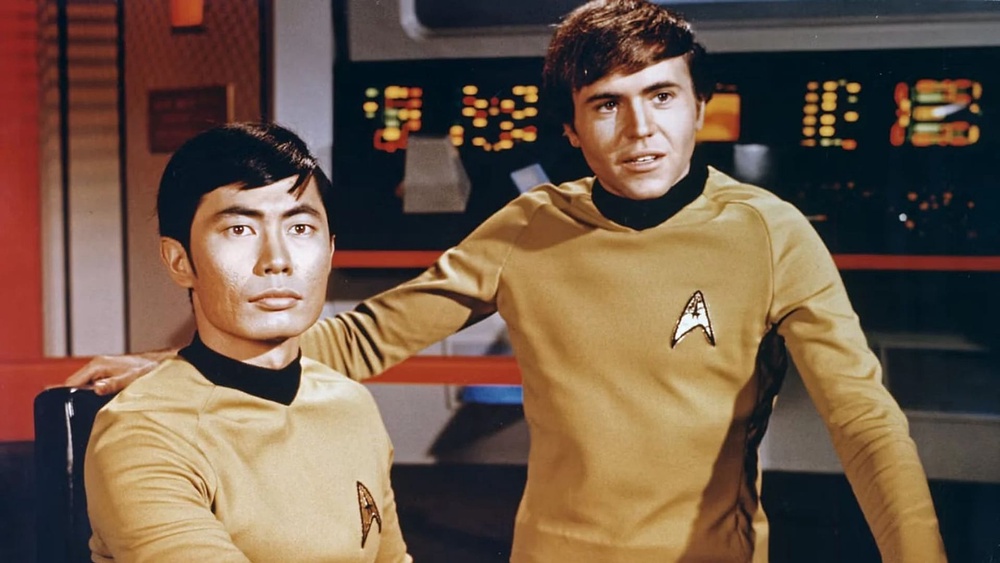 George Takei (left) and Walter Koenig (right) on the set of Star Trek