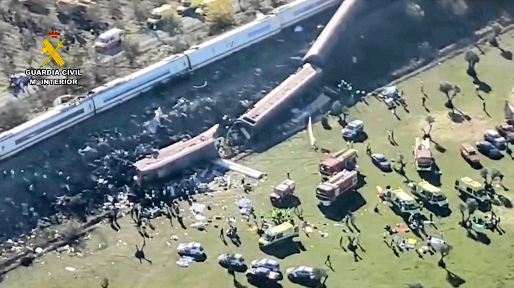 This image, taken from a video released by the Civil Guard, shows an aerial view of the carriages and emergency services at the scene of the accident, where rescue operations are continuing.
