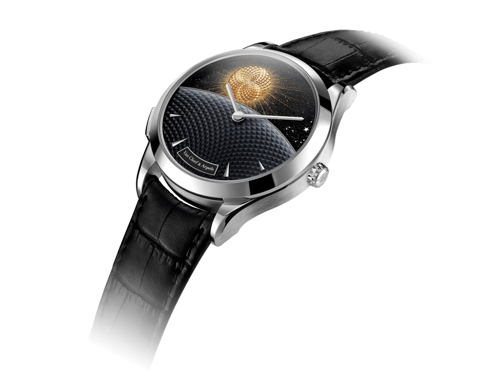 Poetic Complications Collection, Midnight Jour Nuit Phase de Lune watch. 42 mm, rhodium plated 18K white gold case; rhodium plated 18K white gold bezel; black aventurine glass dial, yellow gold, white mother-of-pearl; gradient painted guilloché white mother-of-pearl cap; rhodium plated 18K white gold crown; black alligator strap; rhodium plated 18K white gold folding buckle; self-winding mechanical movement featuring a combined day/night and moonphase display mechanism and an on-demand animation, 36-hour power reserve; numbered edition. 