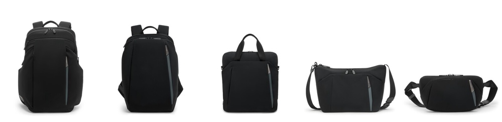 (L to R): Large Backpack 25L, Medium Backpack 20L, Medium Tote, Medium Crossbody, and Medium Sling in Black