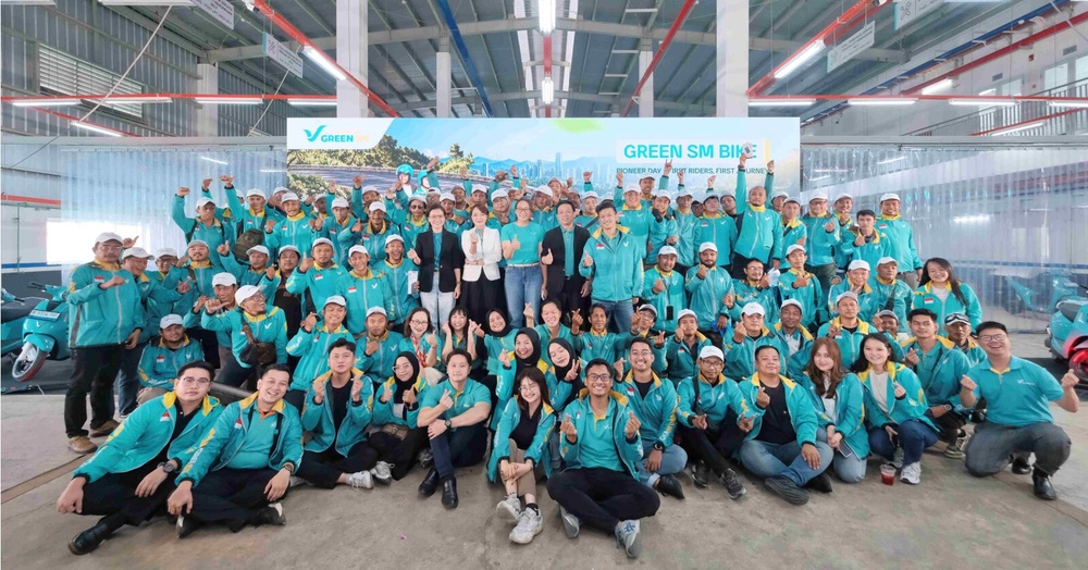 Green SM's pioneer drivers mark the launch of the company's electric motorbike service in Jakarta.