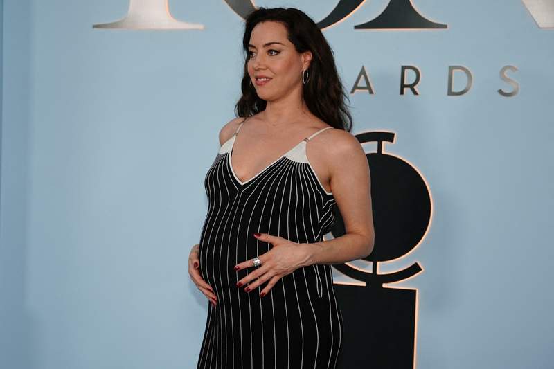 Image from: Aubrey Plaza debuts baby bump with partner Christopher Abbott at 2026 Tony Awards