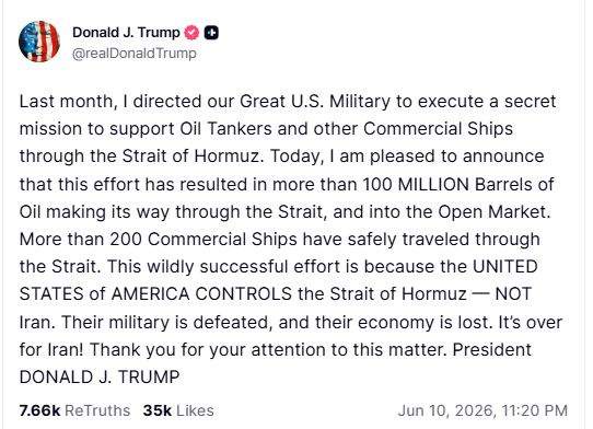 Image from: Over 100 million oil barrels, 200 ships moved safely through Strait of Hormuz: Trump